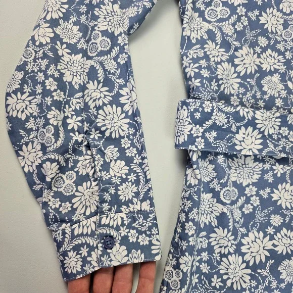 CHAPS Women's Floral Shirt Dress Button Front Ruffle Roll Tab Sleeve Blue Medium - Picture 9 of 14